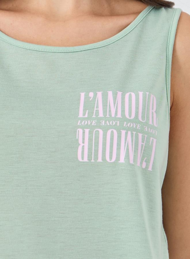 Styli Lamour Slogan Tank and Placket Ruffle Hem Shorts Set - Image 3