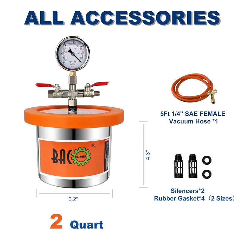 BACOENG Universal Vacuum Chamber Series: 2 Quart Stainless Steel Vacuum Chamber Kit, Vacuum Degassing Chamber for Resin, Silicone and Epoxies - Image 2