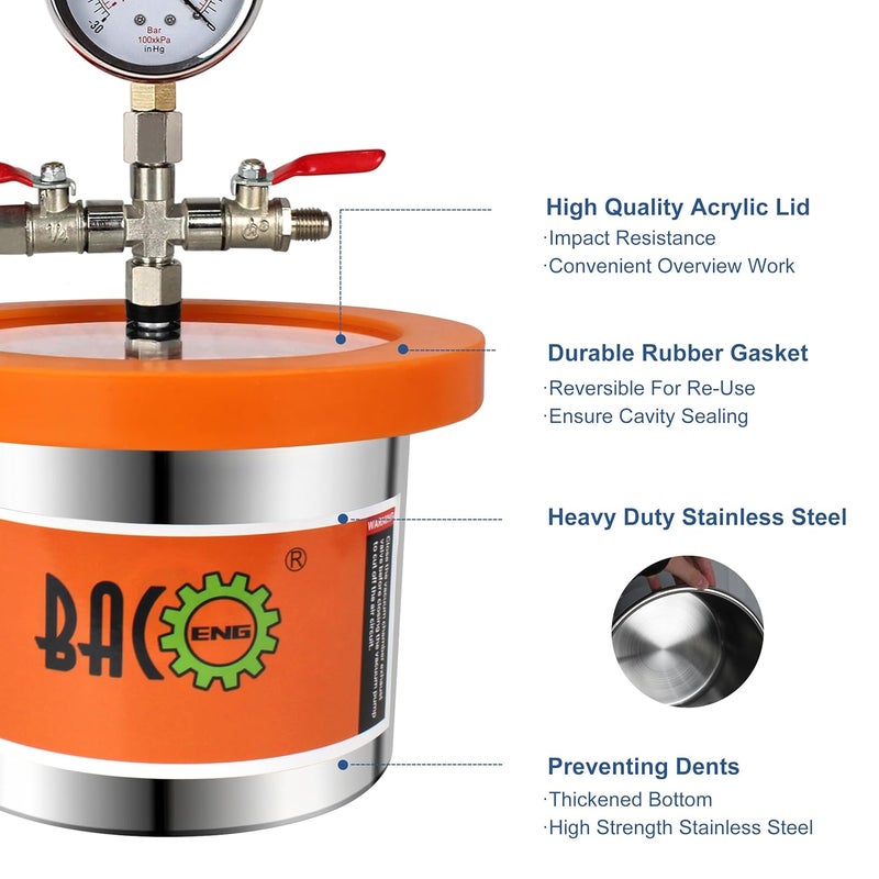 BACOENG Universal Vacuum Chamber Series: 2 Quart Stainless Steel Vacuum Chamber Kit, Vacuum Degassing Chamber for Resin, Silicone and Epoxies - Image 3