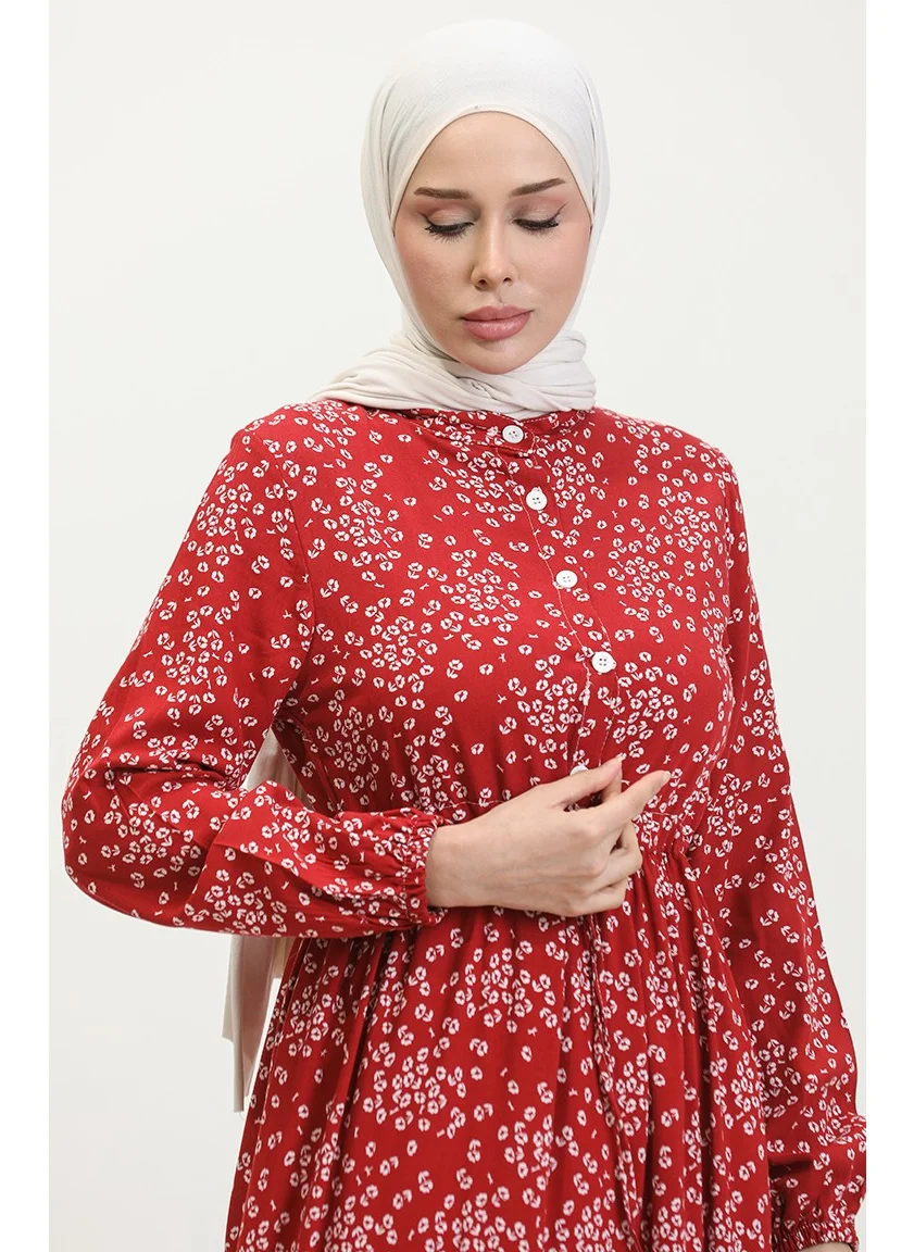 Sefa Merve Gülsüm Half Buttoned Floral Viscose Dress 0358-05 Claret Red