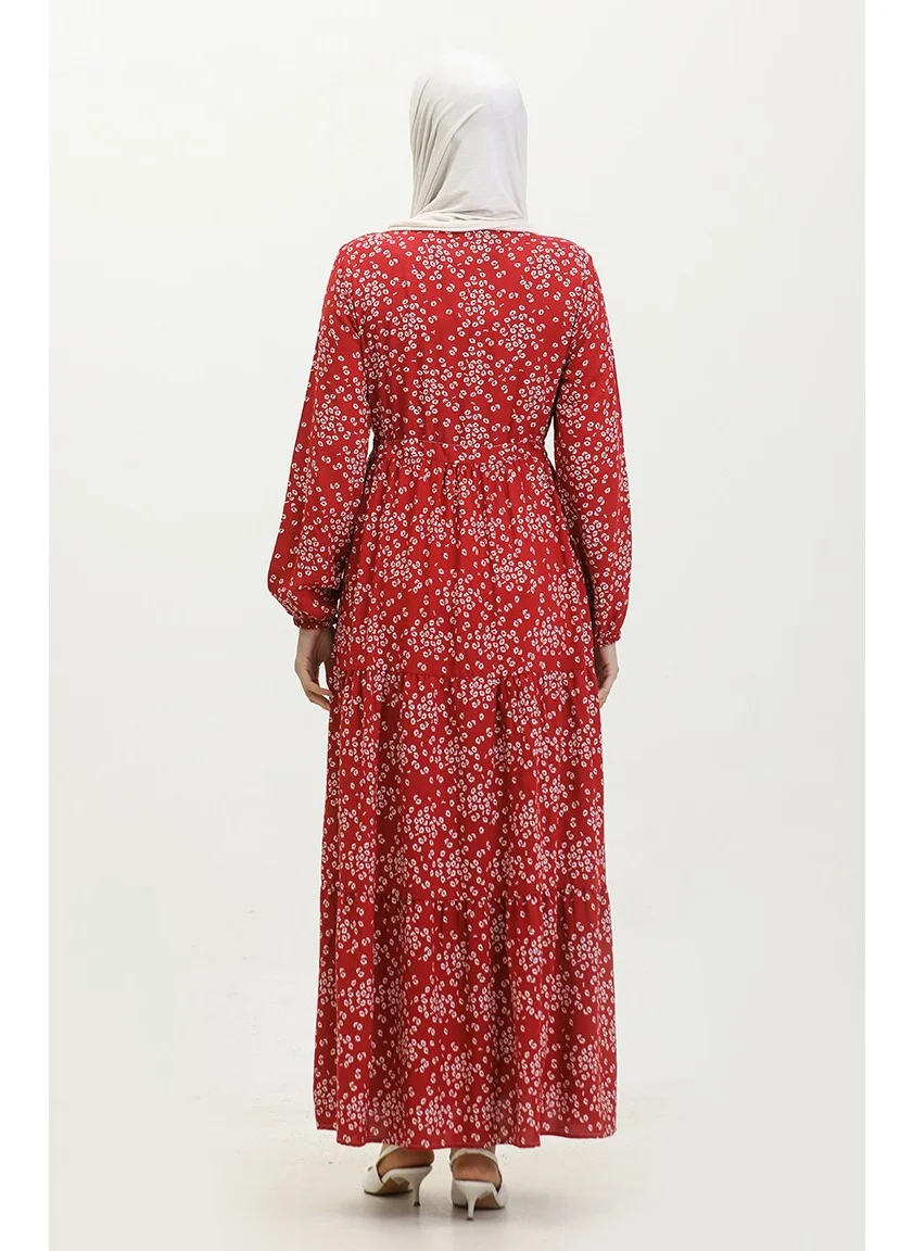 Sefa Merve Gülsüm Half Buttoned Floral Viscose Dress 0358-05 Claret Red