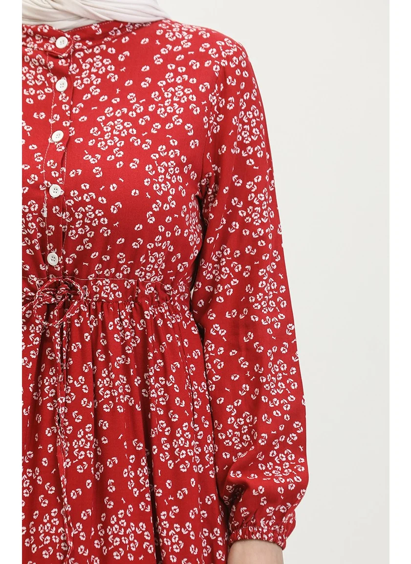 Sefa Merve Gülsüm Half Buttoned Floral Viscose Dress 0358-05 Claret Red
