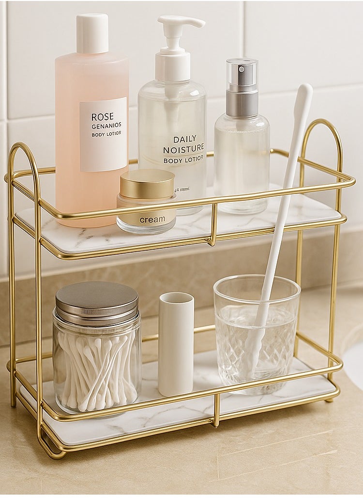 ALMUFARREJ Marble Bathroom Organizer With 2 Golden Shelves  - Image 1