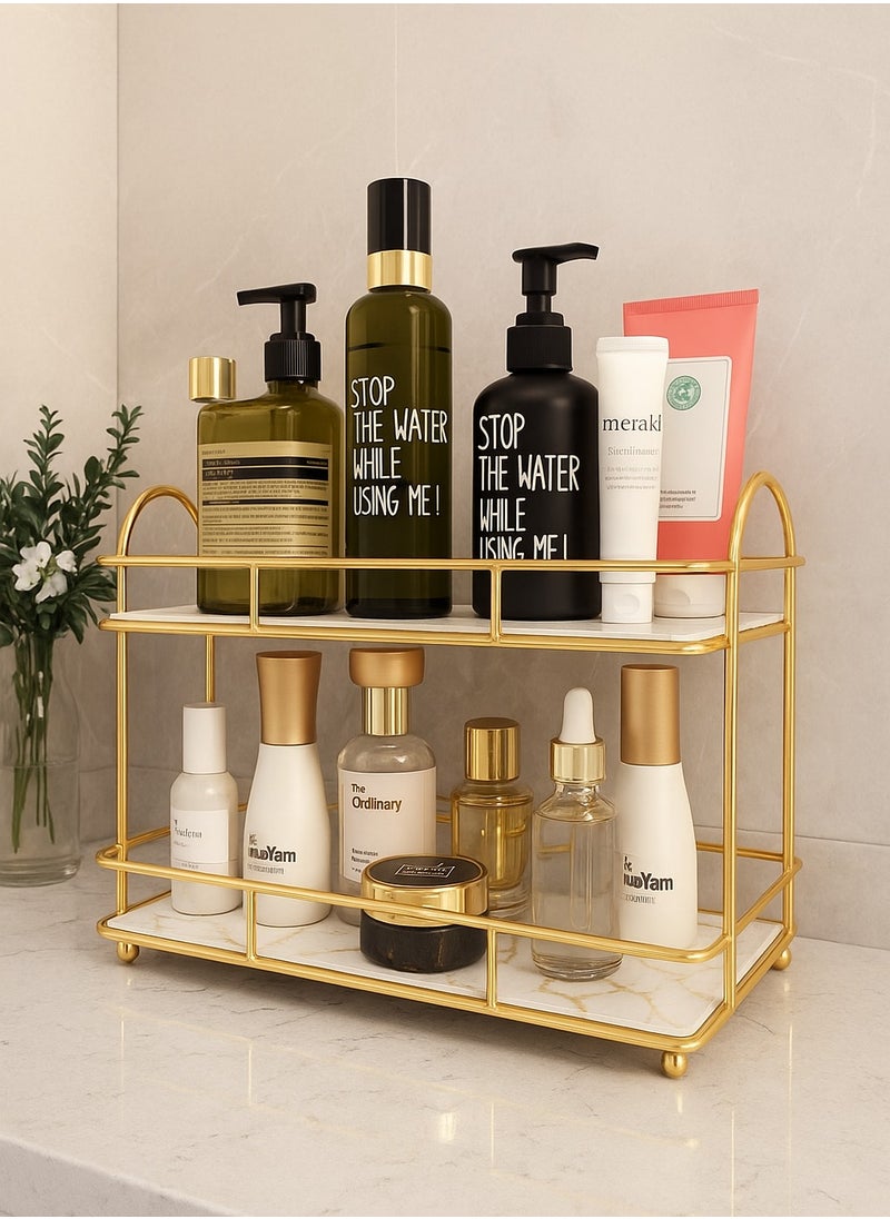ALMUFARREJ Marble Bathroom Organizer With 2 Golden Shelves  - Image 2