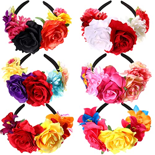 Yunsailing 6 Pcs Mexican Rose Flower Crown Headband Mardi Gras Headpiece Cosplay Headgear for party(Stylish) - Image 1