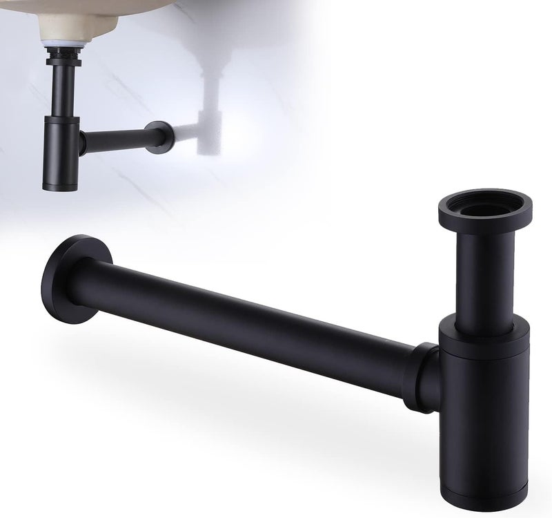 InArt® Heavy Duty Brass Bottle Trap for Wash Basin & Kitchen Sink | Matt Black Finish with 12 Inch Pipe & Wall Flange | Anti-Clog, Rust-Proof, Reusable, Easy Installation (Black Matt) - Image 1