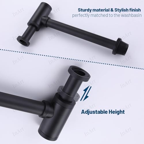 InArt® Heavy Duty Brass Bottle Trap for Wash Basin & Kitchen Sink | Matt Black Finish with 12 Inch Pipe & Wall Flange | Anti-Clog, Rust-Proof, Reusable, Easy Installation (Black Matt) - Image 2