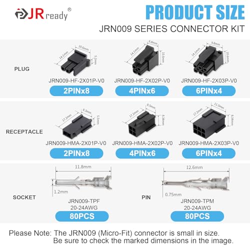 JRready Molex Micro-fit 3.0 Connector Kit 2 4 6 Circults MX3.0 Power Plug Receptacle 43020 Series 20-24AWG Wire Crimp Terminals 43031 Series Pins Sockets Connectors 3.0mm Pitch 196Pcs ST6516 - Image 2