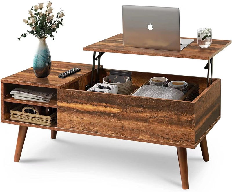 شاربدو رفع أعلى طاولة القهوة مع التخزين, منتصف القرن طاولة القهوة الخشبية الحديثة مع سطح الارتفاع القابل للتعديل والرفوف المفتوحة, طاولة مركز متعددة الوظائف لغرفة المعيشة, - Image 1