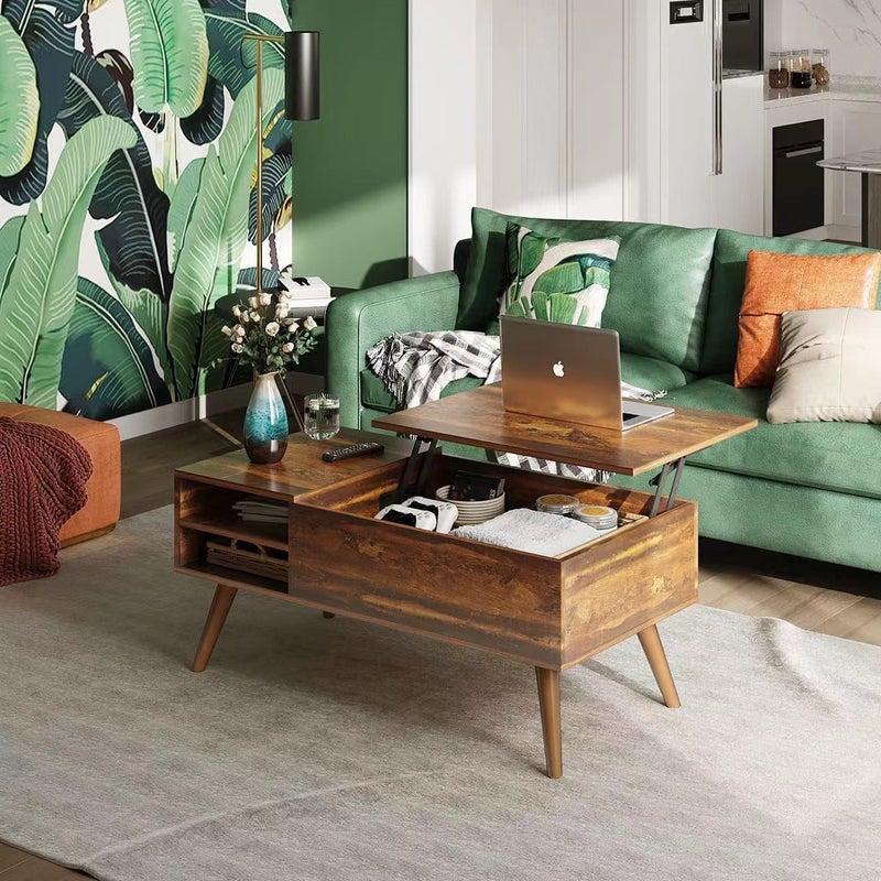 شاربدو رفع أعلى طاولة القهوة مع التخزين, منتصف القرن طاولة القهوة الخشبية الحديثة مع سطح الارتفاع القابل للتعديل والرفوف المفتوحة, طاولة مركز متعددة الوظائف لغرفة المعيشة, - Image 2