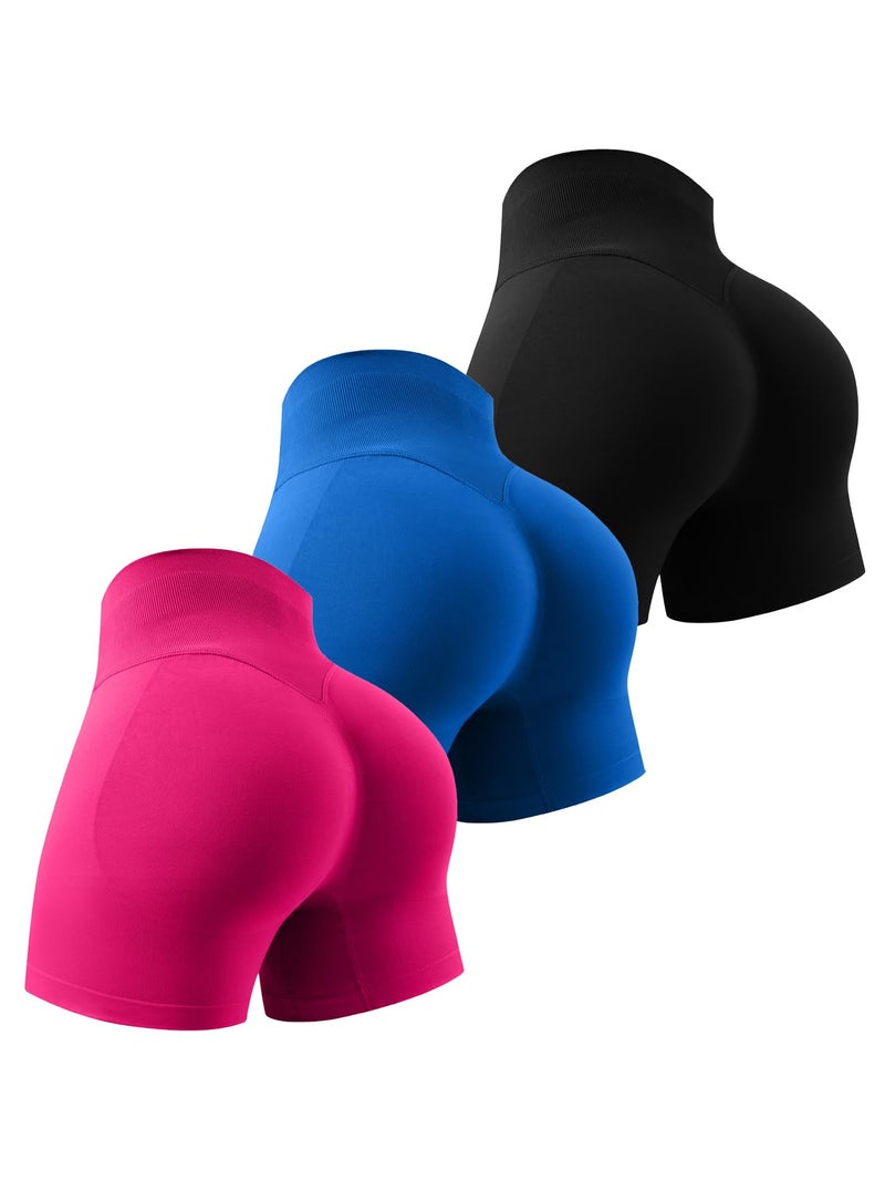 ULERSP Workout Gym Shorts Women 3Pack 5" Seamless Scrunch Butt Lifting Tummy Control Ruched Booty Yoga - Image 1
