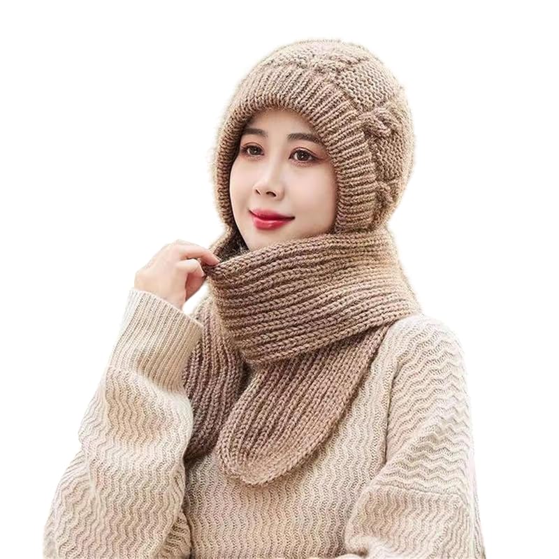 Richmen Winter Hooded Scarf Hat for Women Soft Knitted Beanie Hats Skull Pompom Cap for Ladies Winter 2 in 1 Scarfs Set for Girls Free Size - Image 1