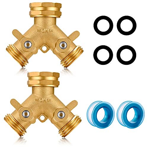 YELUN Garden Hose Splitter,2 Way Connector Heavy Duty Brass, Garden Faucet,Splitter for Outdoor Faucet, Hose y Splitter, Hose Bib Splitter, Adapter with Comfortable Grip Shut Off Valves 2Pcs - Image 1
