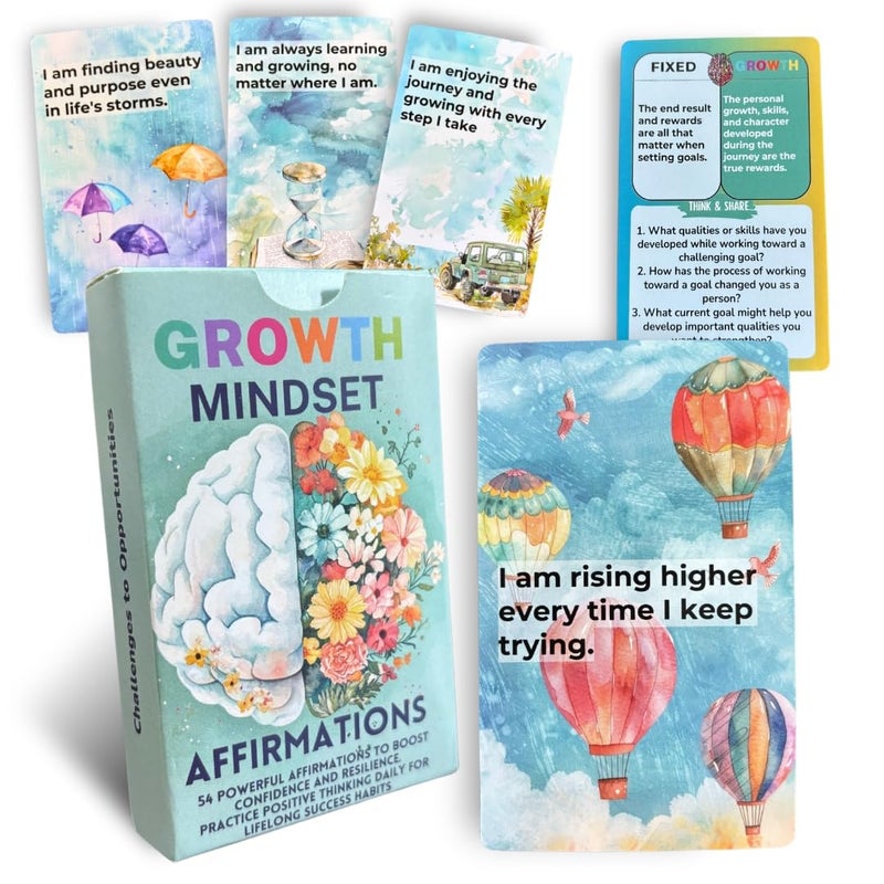 UHillMinerva Growth Mindset Affirmation Cards 52 Watercolor Illustrated with Fixed vs Growth Comparison Inspirational Cards for Teens Adults Parents Teachers Personal Development - Image 3