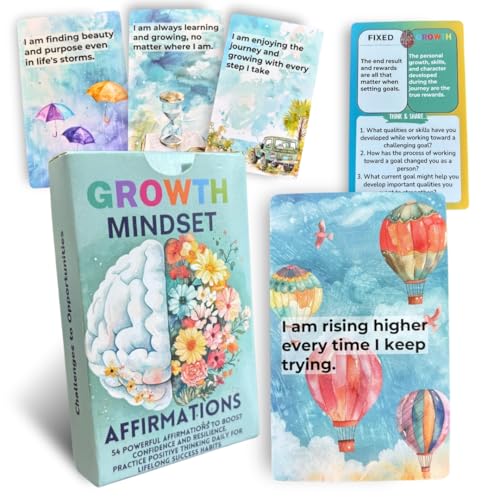 UHillMinerva Growth Mindset Affirmation Cards 52 Watercolor Illustrated with Fixed vs Growth Comparison Inspirational Cards for Teens Adults Parents Teachers Personal Development - Image 1