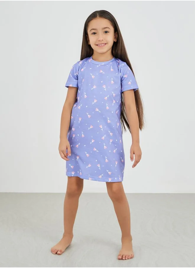Styli Styli All-Over Print Short Sleeve Sleep Dress