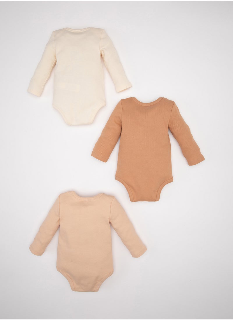 DeFacto - Newborn Beige Snap-Up Foldover Collar Animal Print Ribbed 3-Piece Long Sleeve Bodysuit - Image 1