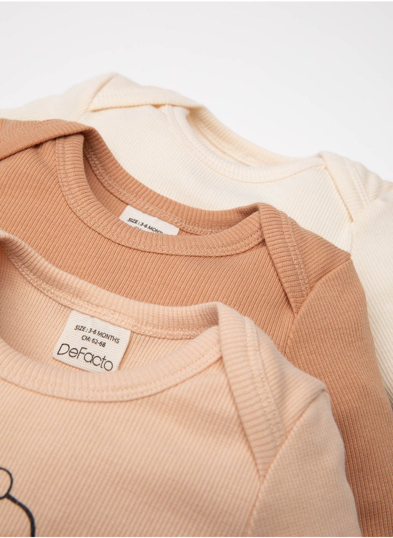 DeFacto - Newborn Beige Snap-Up Foldover Collar Animal Print Ribbed 3-Piece Long Sleeve Bodysuit - Image 1