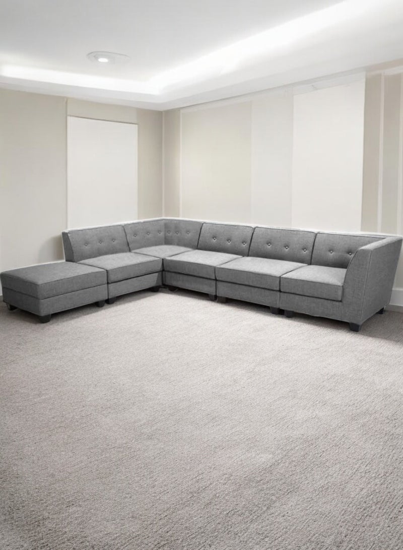 Karnak 6 Seater Sahra L-Shaped Corner Sofa – Linen Fabric with Tufted Design Backrest Cushion Color Light Grey - Image 5