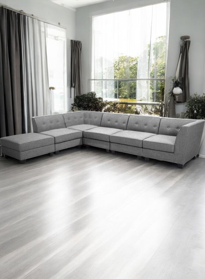 Karnak 6 Seater Sahra L-Shaped Corner Sofa – Linen Fabric with Tufted Design Backrest Cushion Color Light Grey - Image 1