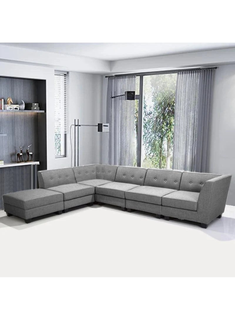 Karnak 6 Seater Sahra L-Shaped Corner Sofa – Linen Fabric with Tufted Design Backrest Cushion Color Light Grey - Image 3