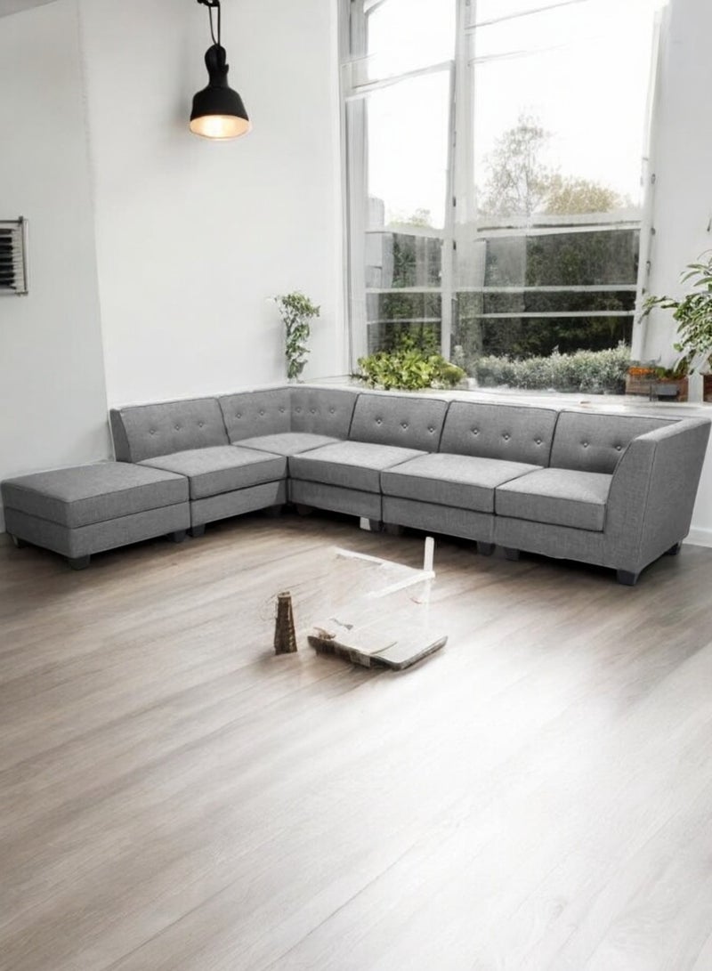 Karnak 6 Seater Sahra L-Shaped Corner Sofa – Linen Fabric with Tufted Design Backrest Cushion Color Light Grey - Image 4