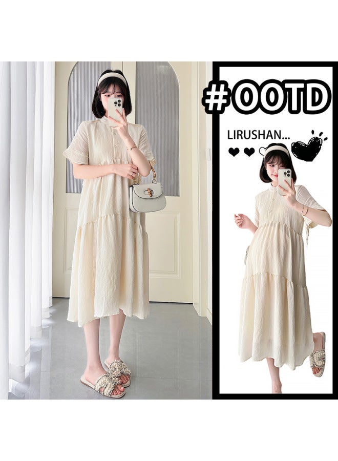 Pregnant Women's Dress  Summer Sweet Style Meat Covering Pregnant Women's Dress Loose Set Collar Lotus Leaf Sleeve Chiffon Tea Break Dress 