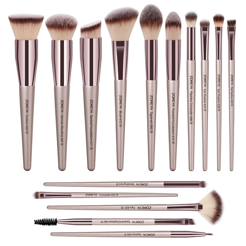 ZOREYA Makeup Brushes 15 Pcs Professional Premium Synthetic Brush Set Foundation Concealer Eyeshadow Blush Makeup Brush Set Champagne Gold