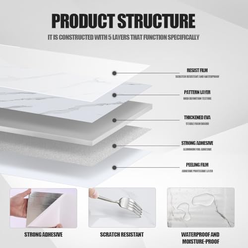 Chejiaye 10pcs Thick Marble Peel and Stick Waterproof Wall Panels,Heat-Resistant Backsplash Tile, 23.6"x11.8" PVC Foam Wall Sticker for Kitchen,Living Rooms,TV Walls,White Gray (Not Real Tile 19.4Sq. Ft.) - Image 5