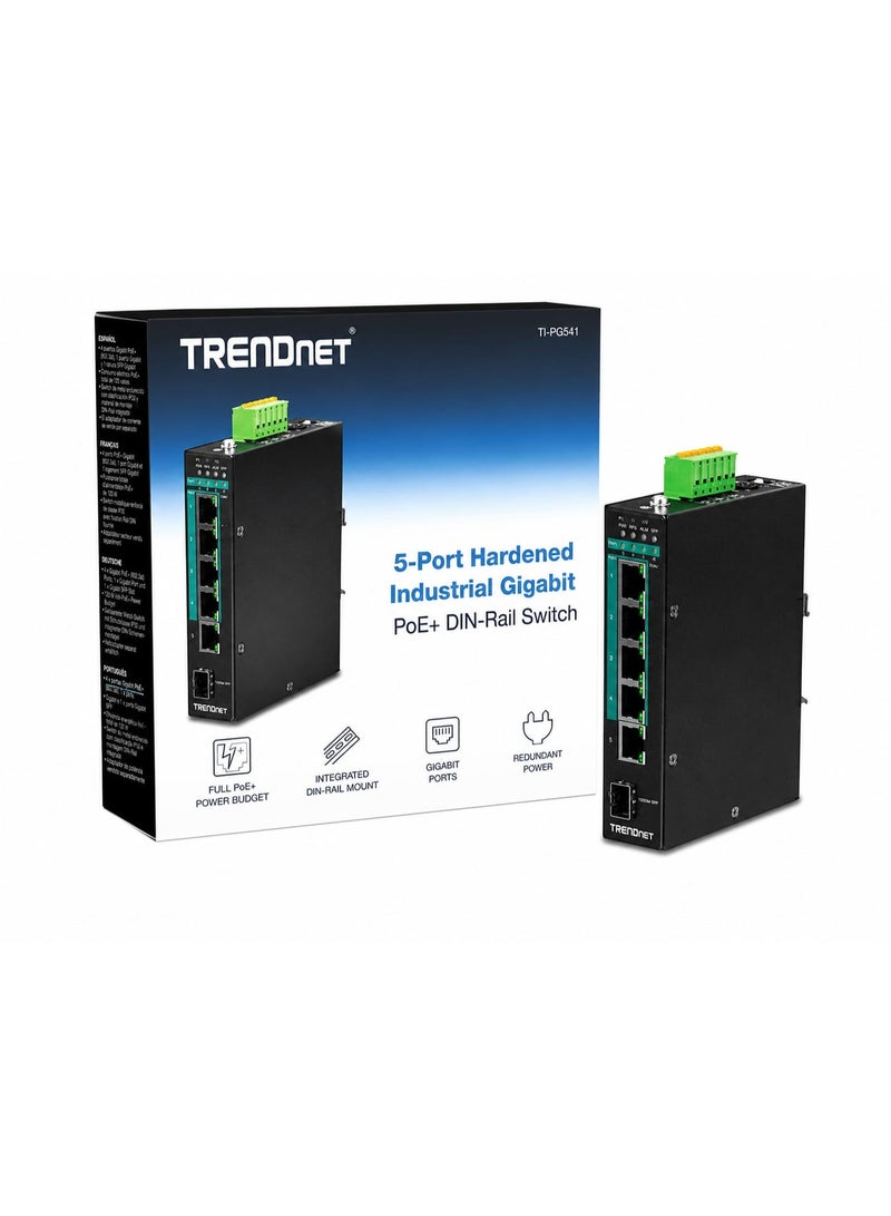 محول TRENDNET صناعي مُقوى جيجابت بخمسة منافذ PoE+ للتركيب على سكة DIN
