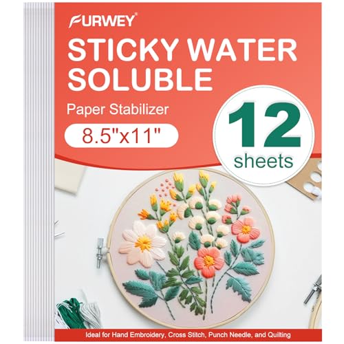 FURWEY 12PCS 8.5"x11" Sticky Water Soluble Embroidery Stabilizer Printable Paper Wash Away Stabilizer Allowed for Print or Draw Patterns Medium Weight for Hand & Machine Embroidery - Image 1
