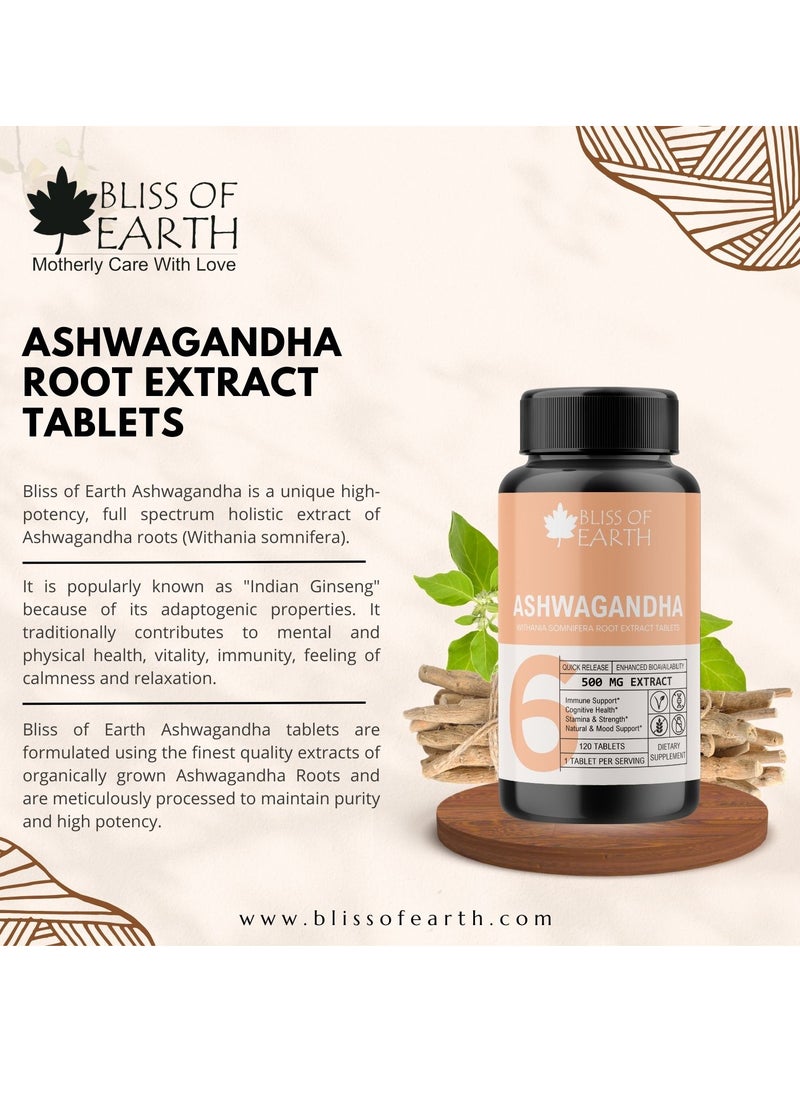 BLISS OF EARTH Ashwagandha Root Extract Tablets 500mg for Stress Relief Memory Focus, Immune & Support Health 60 Tablets  - Image 4