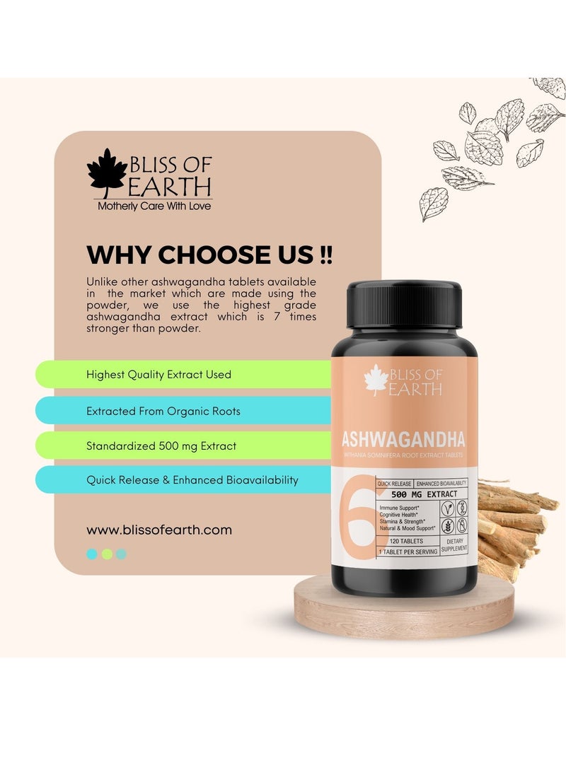 BLISS OF EARTH Ashwagandha Root Extract Tablets 500mg for Stress Relief Memory Focus, Immune & Support Health 60 Tablets  - Image 3