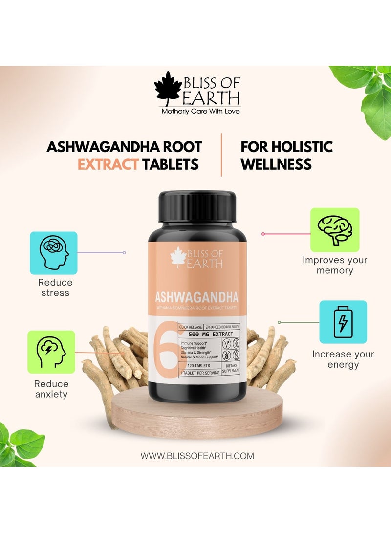 BLISS OF EARTH Ashwagandha Root Extract Tablets 500mg for Stress Relief Memory Focus, Immune & Support Health 60 Tablets  - Image 2