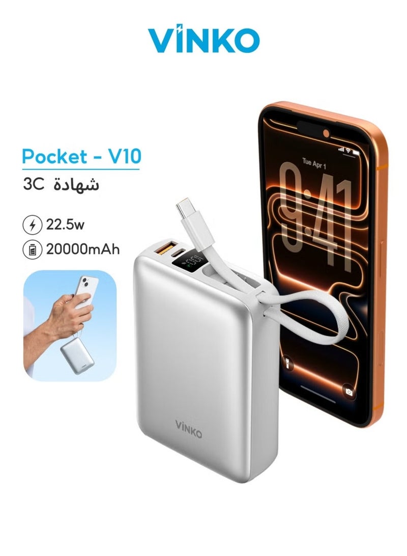 باور بنك سعة 20000 مللي أمبير بشحن سريع، كابلات مدمجة (لايتنينج، تايب سي، ومايكرو USB)، شاشة LED رقمية وحزام تعليق - أسود (ضمان لمدة سنة) - Image 2