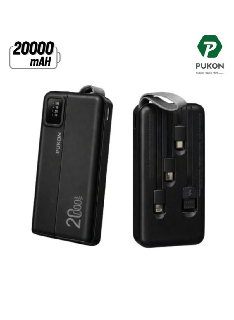 باور بنك سعة 20000 مللي أمبير بشحن سريع، كابلات مدمجة (لايتنينج، تايب سي، ومايكرو USB)، شاشة LED رقمية وحزام تعليق - أسود (ضمان لمدة سنة) - Image 1