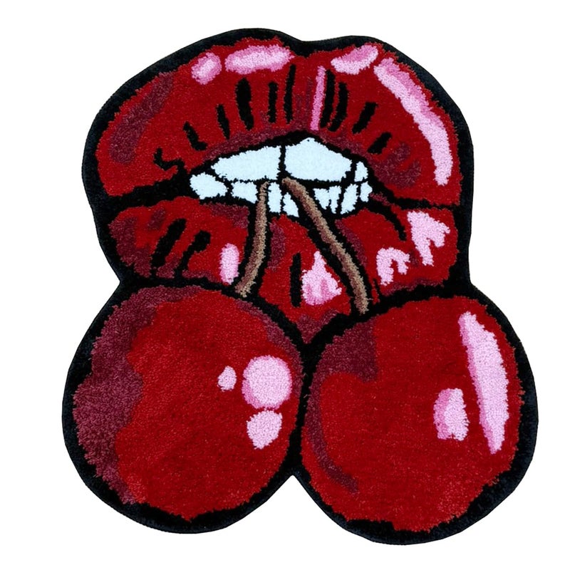 LAKEA Cherry Red Lips Creative Pattern Rug Cloakroom Game Room Housewarming Gift Handmade Non-Slip Unique Decorative Carpet Floor Pad - Image 1