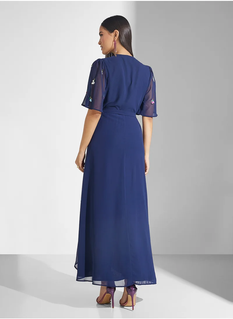 هوب اند ايفي Embellished Flutter Sleeve Maxi Wrap Dress