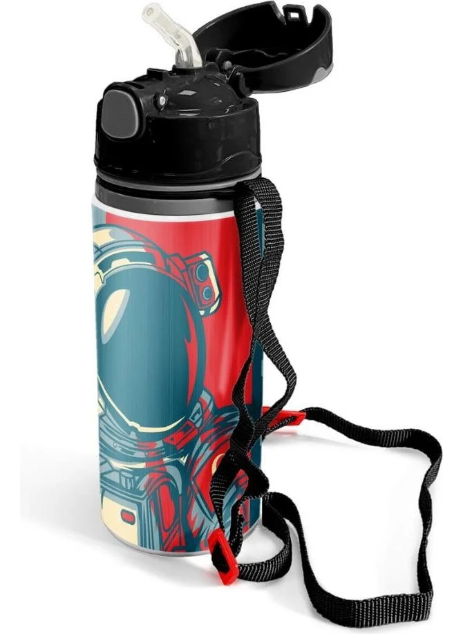 CORAL HIGH Kids Indigo Red Astronaut Patterned Aluminum Flask with Straw 600 ml 11941