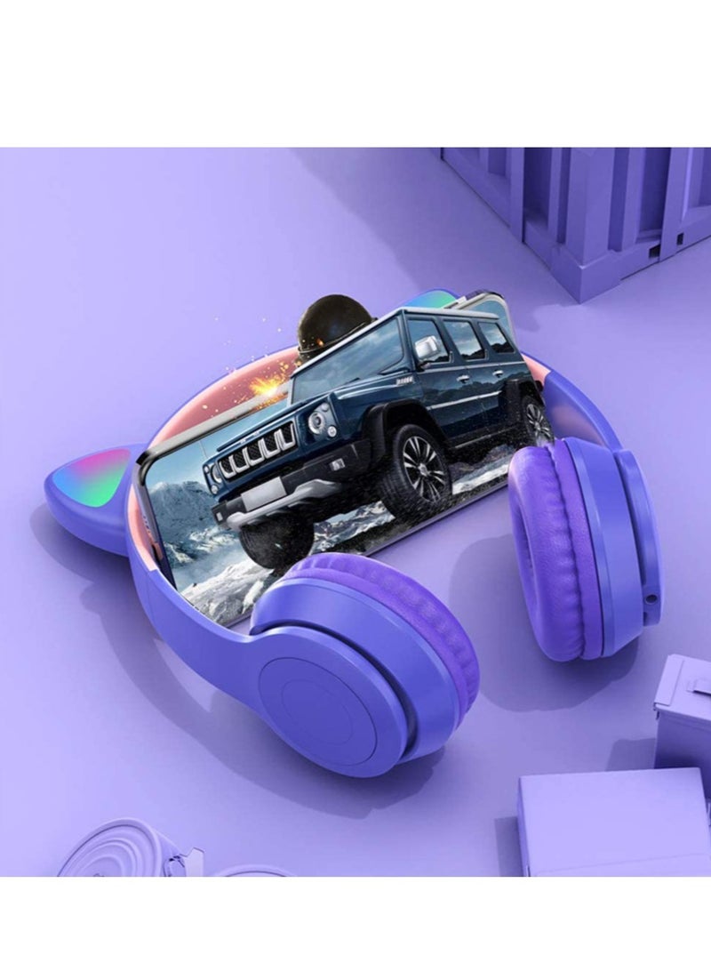 ELTRAZONE سماعات رأس بتصميم آذان قطة LED لاسلكية بلوتوث 5.0 قابلة للطي للأطفال مع ميكروفون أفضل هدية (بنفسجي) - Image 3