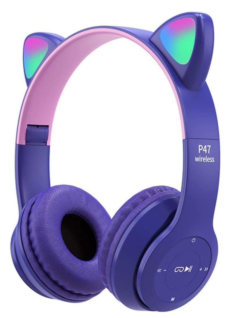 ELTRAZONE سماعات رأس بتصميم آذان قطة LED لاسلكية بلوتوث 5.0 قابلة للطي للأطفال مع ميكروفون أفضل هدية (بنفسجي) - Image 1
