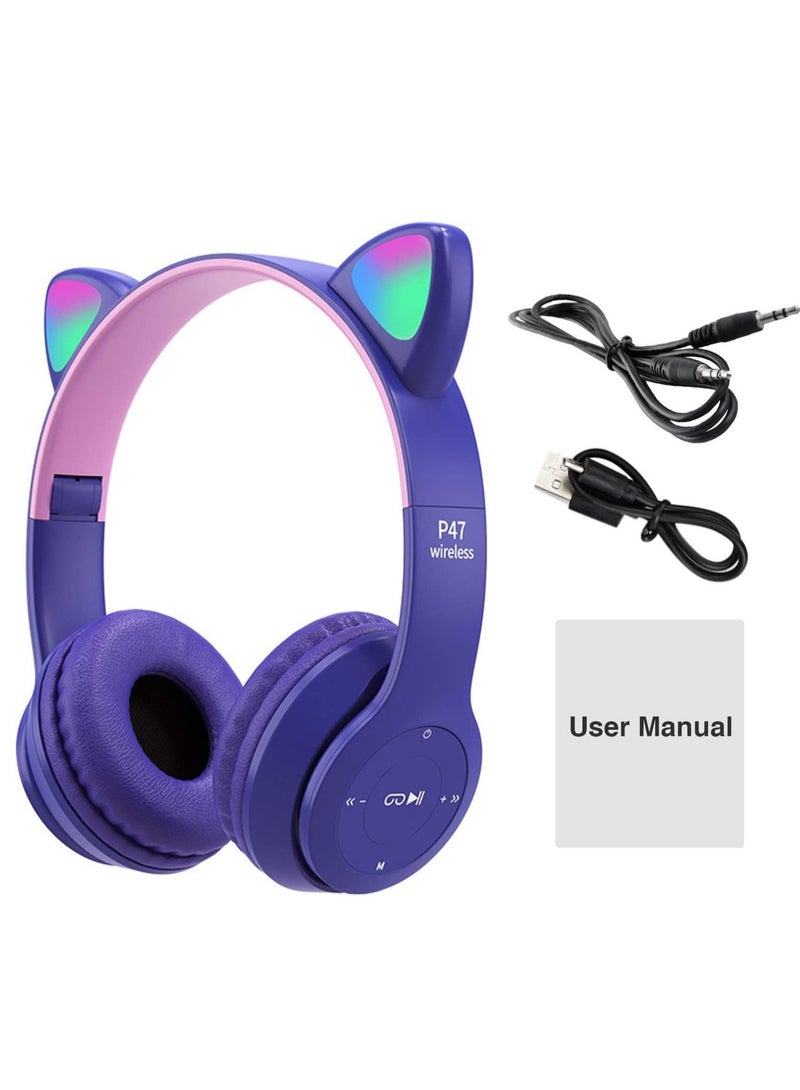 ELTRAZONE سماعات رأس بتصميم آذان قطة LED لاسلكية بلوتوث 5.0 قابلة للطي للأطفال مع ميكروفون أفضل هدية (بنفسجي) - Image 2