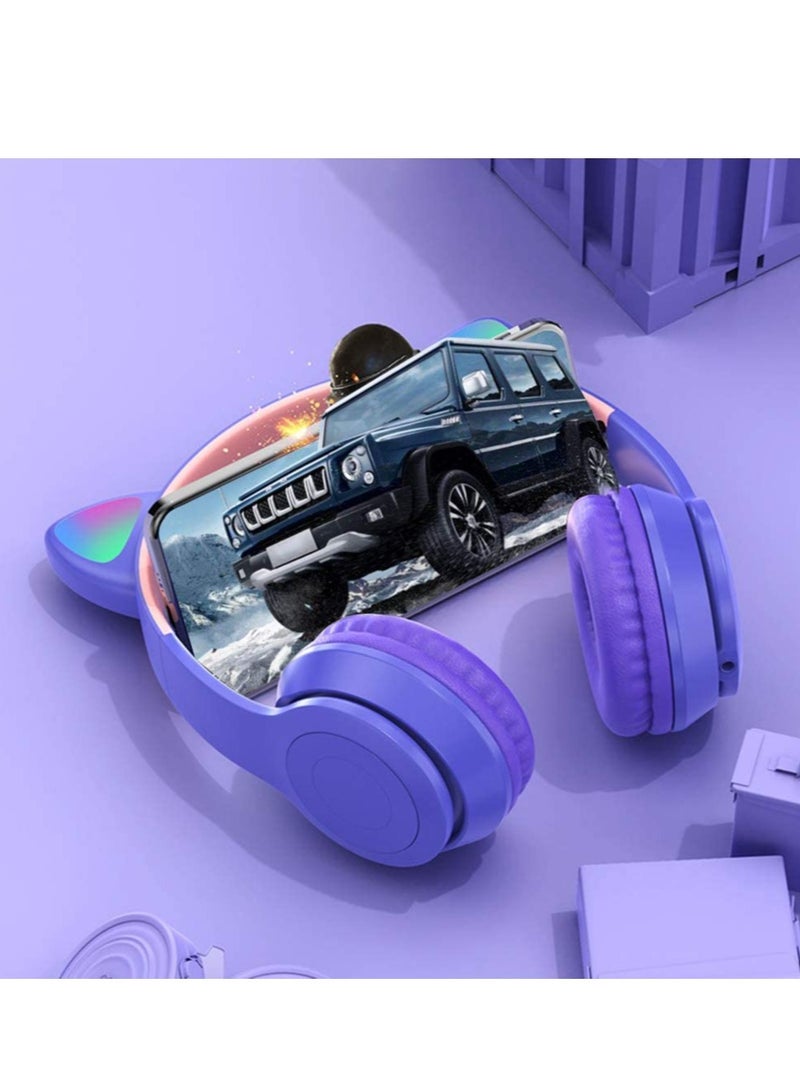 ELTRAZONE سماعات رأس بتصميم آذان قطة LED لاسلكية بلوتوث 5.0 قابلة للطي للأطفال مع ميكروفون أفضل هدية (بنفسجي) - Image 5