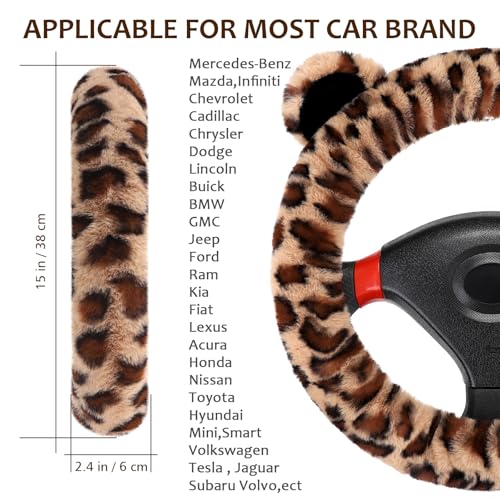 Accmor Fluffy Car Steering Wheel Cover Leopard Fuzzy Vehicle Wheel Cover for Women NonSlip Furry Warm Steering Wheel Protector with Cute Ears Car Accessories 15 inch Universal Fit Auto Suvs Truck - Image 3