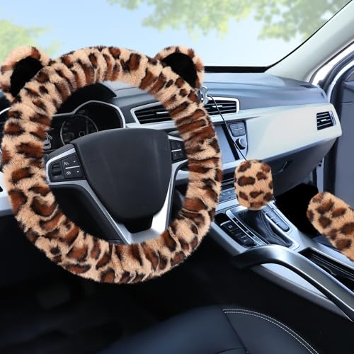Accmor Fluffy Car Steering Wheel Cover Leopard Fuzzy Vehicle Wheel Cover for Women NonSlip Furry Warm Steering Wheel Protector with Cute Ears Car Accessories 15 inch Universal Fit Auto Suvs Truck - Image 1
