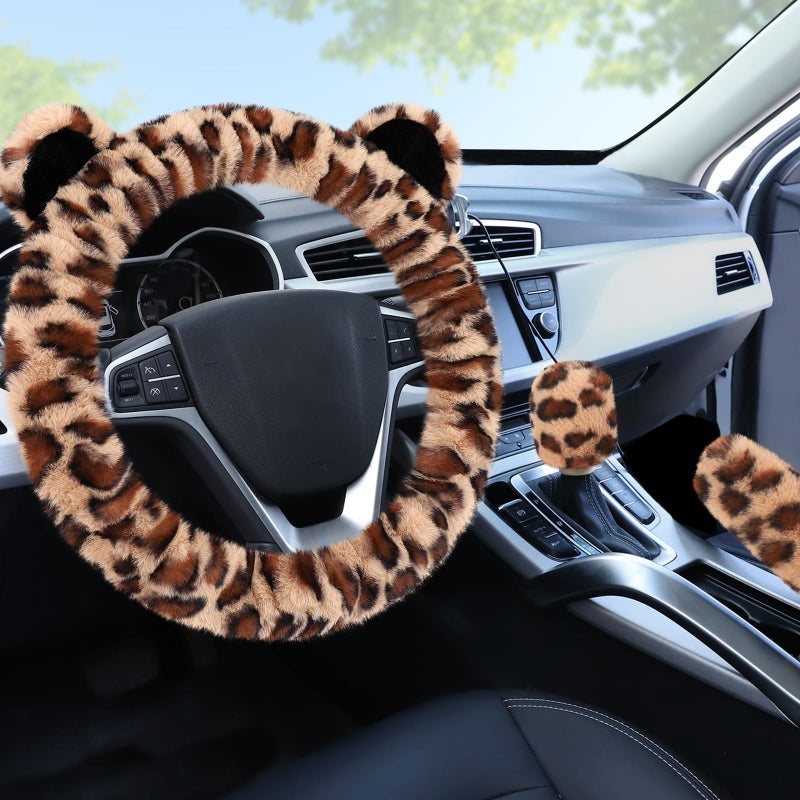 Accmor Fluffy Car Steering Wheel Cover Leopard Fuzzy Vehicle Wheel Cover for Women NonSlip Furry Warm Steering Wheel Protector with Cute Ears Car Accessories 15 inch Universal Fit Auto Suvs Truck - Image 2