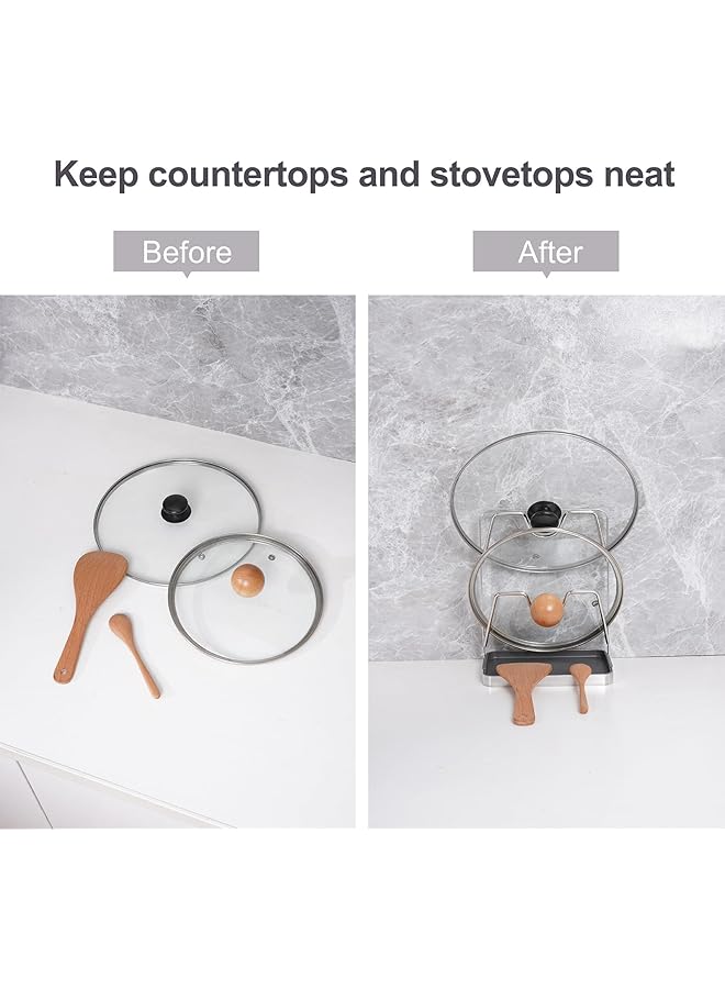 كاست ويف حامل ملاعق عمودي وحامل غطاء، حامل غطاء وعاء مزدوج الطبقات من الفولاذ المقاوم للصدأ 304 لسطح الموقد، حامل غطاء وعاء أدوات المطبخ مع صينية تنقيط، منظم مطبخ للطاولة، فضي - Image 4