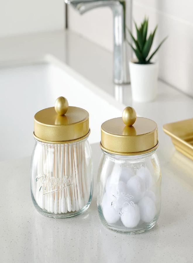 SheeChung Mason Jar Bathroom Apothecary Jars - Qtip Holder Canister Gold Bathroom Accessories Vanity Storage Organizer Glass for Qtips,Cotton Swabs,Ball,flossers,Hair Bands/Gold (2 Pack) - Image 3