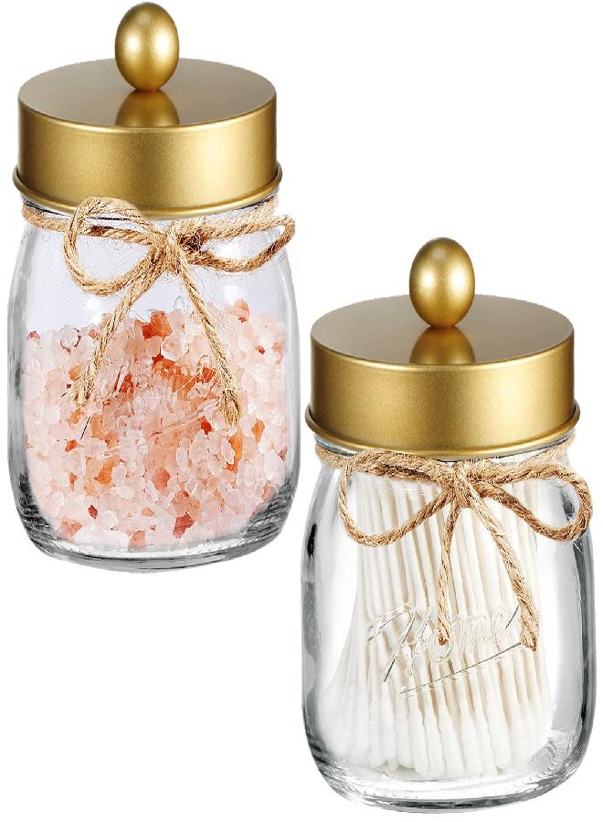 SheeChung Mason Jar Bathroom Apothecary Jars - Qtip Holder Canister Gold Bathroom Accessories Vanity Storage Organizer Glass for Qtips,Cotton Swabs,Ball,flossers,Hair Bands/Gold (2 Pack) - Image 4