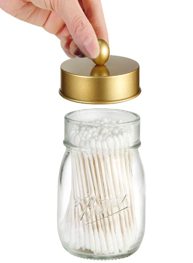 SheeChung Mason Jar Bathroom Apothecary Jars - Qtip Holder Canister Gold Bathroom Accessories Vanity Storage Organizer Glass for Qtips,Cotton Swabs,Ball,flossers,Hair Bands/Gold (2 Pack) - Image 2